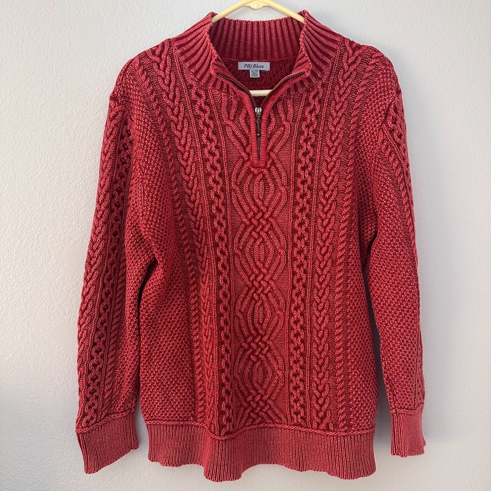 PBJ Blues Women L- XL TG Sweater Ramie Red Cable Knit Pullover Long‎ Sleeve